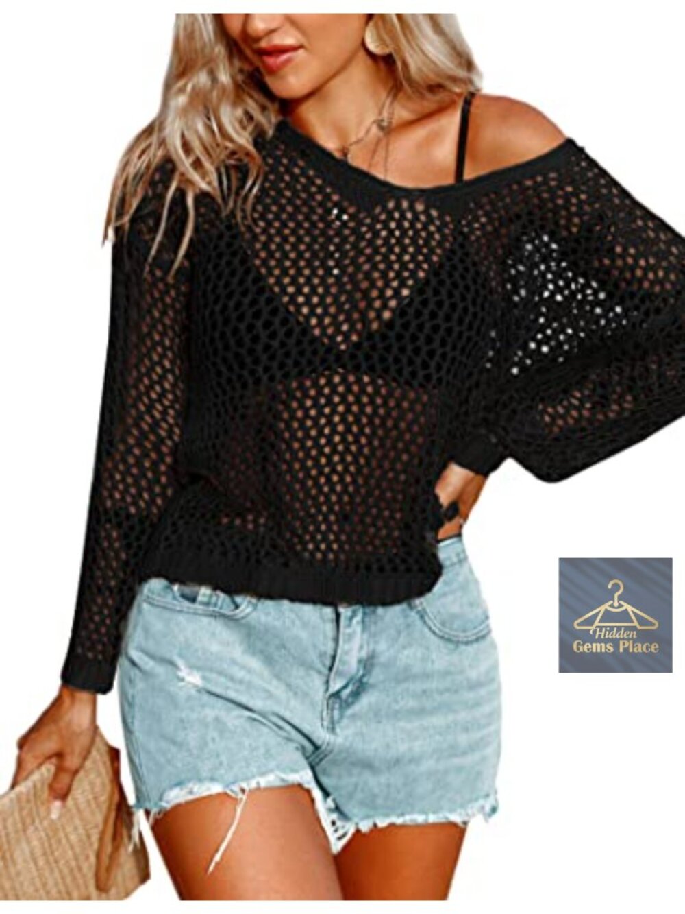 Crochet Swim Cover Up Long Sleeve Hollow Out Beach Tunic Top